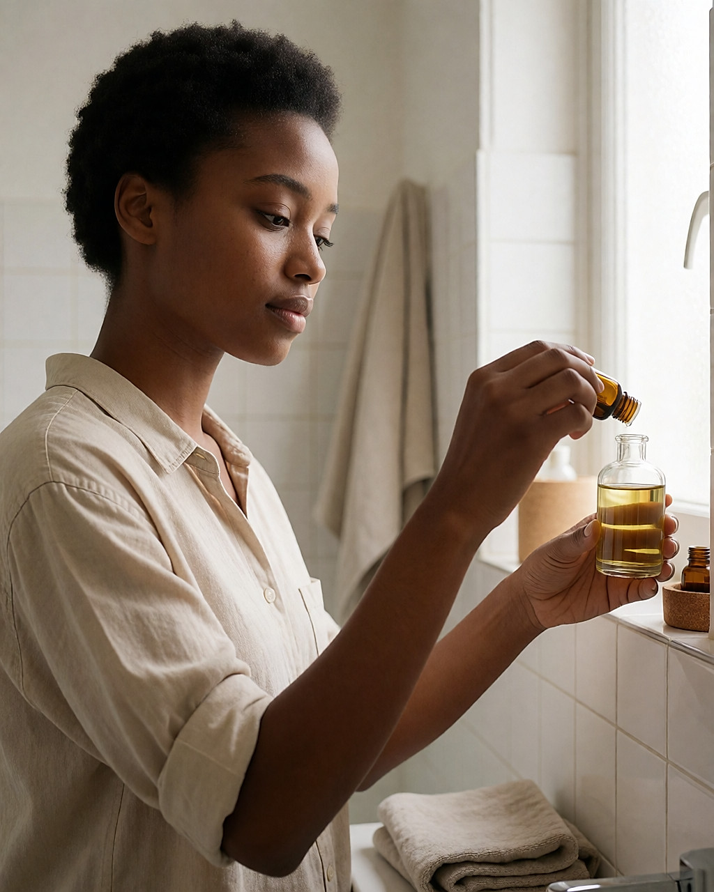 Jeune femme diluant quelques gouttes d'huile essentielle dans un flacon d'huile végétale