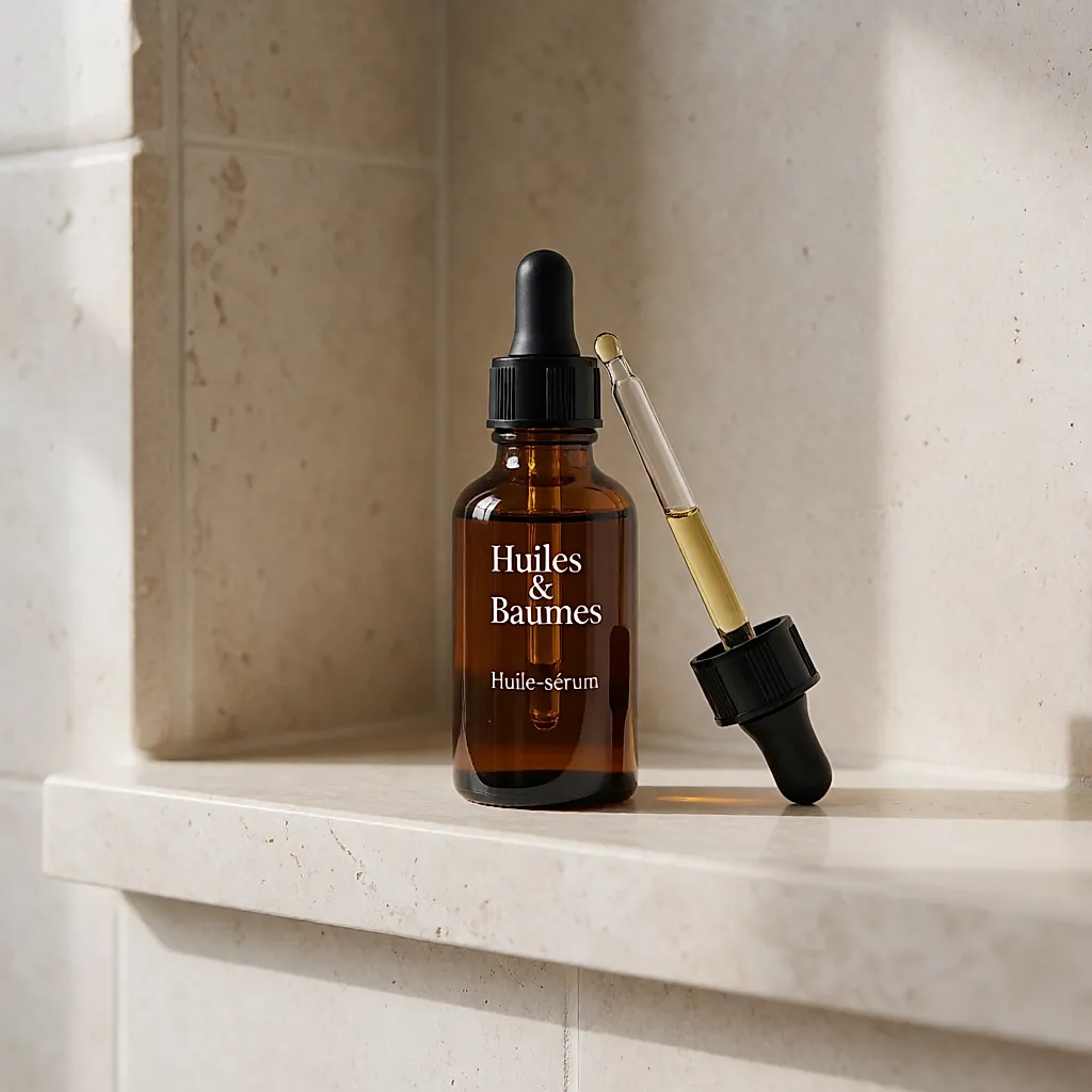 An amber dropper bottle of Huiles & Baumes oil-serum, with a golden drop at the pipette