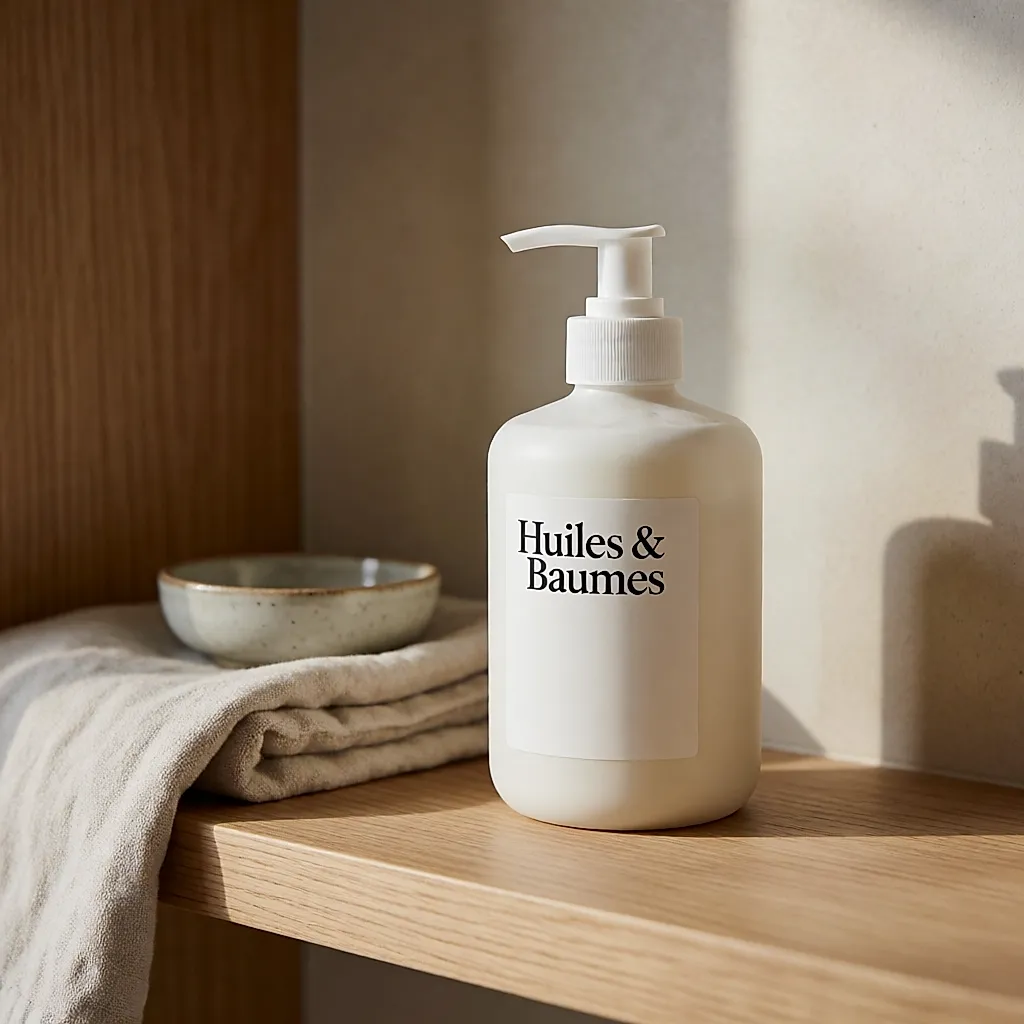 A white matte pump bottle of Huiles & Baumes toning body milk on a shelf