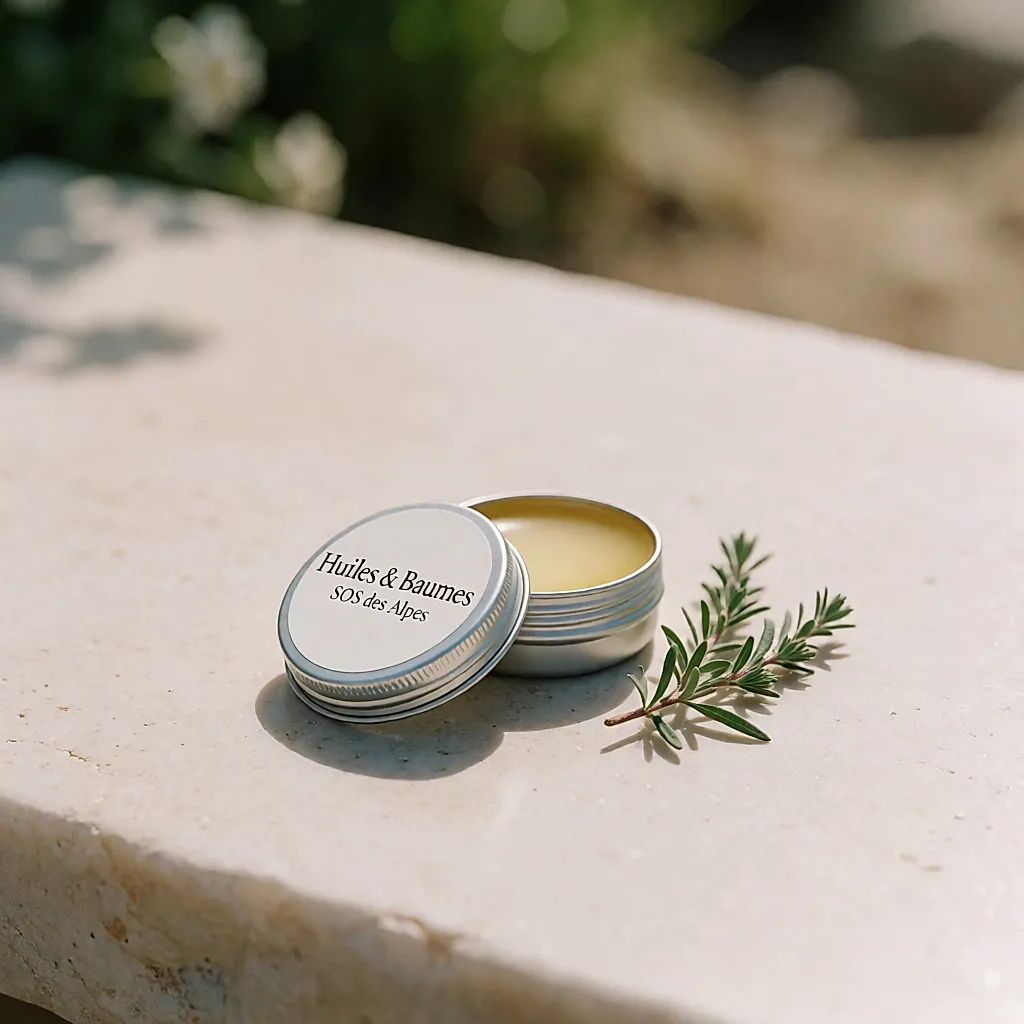 An open box of Huiles & Baumes SOS des Alpes balm, with a small dab of amber balm