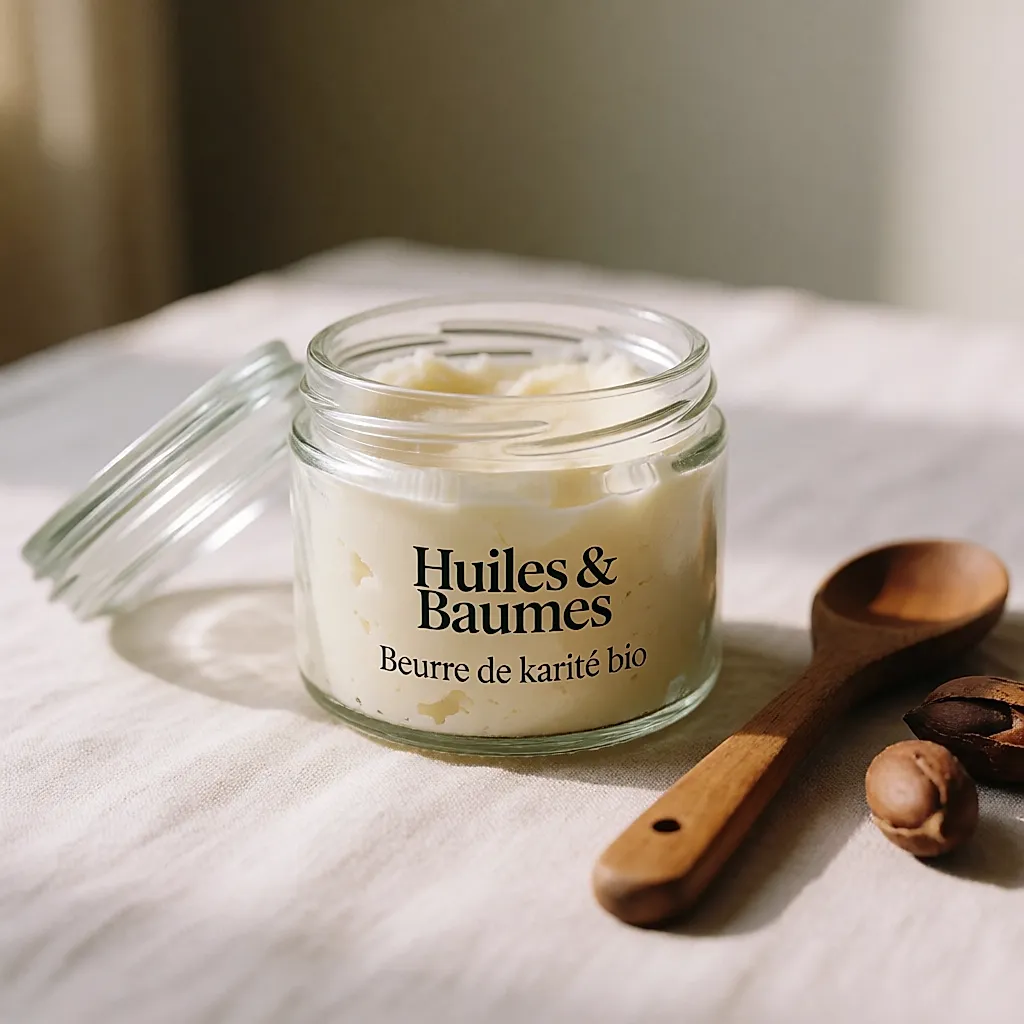 An open pot of organic shea butter by Huiles & Baumes, dense ivory texture, next to a wooden spoon