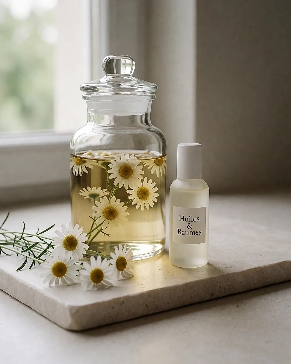 A jar of daisy maceration in oil, with a white bottle beside it