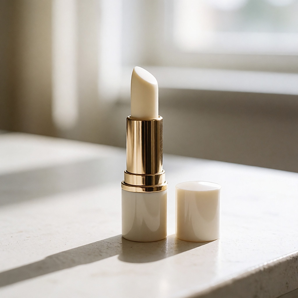 A white lip balm held between two fingers, cap removed