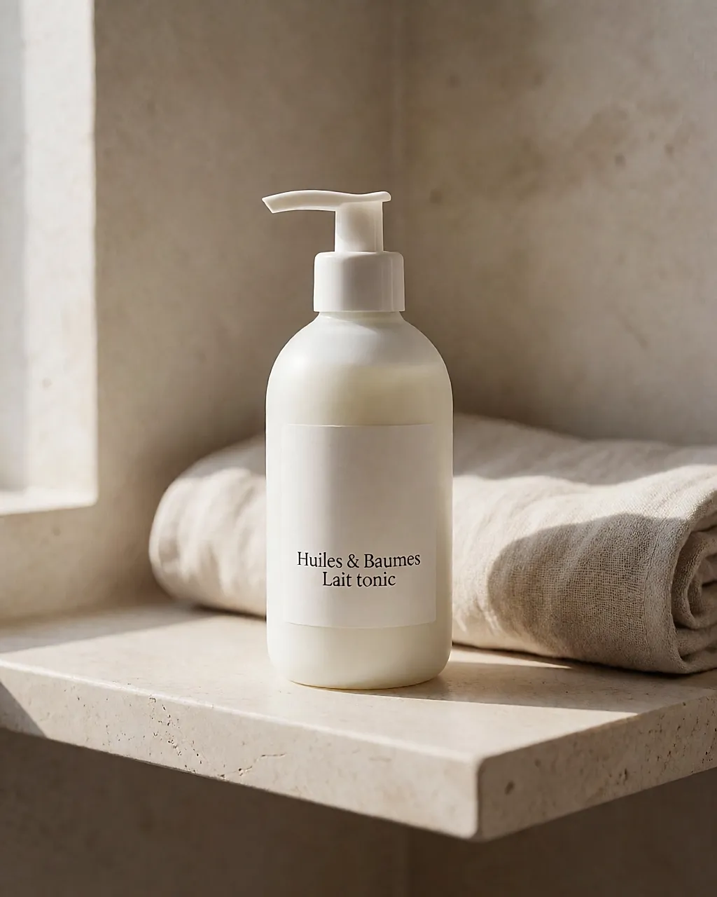 A white matte pump bottle of toning body milk on a shelf