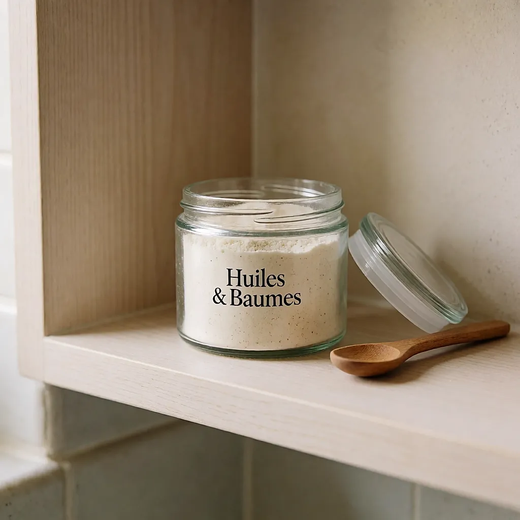 A glass jar of rice and argan exfoliating powder, next to a Huiles & Baumes tube