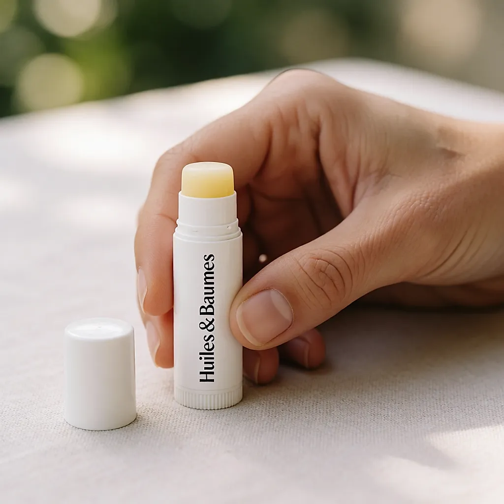 A white Huiles & Baumes lip balm held between thumb and forefinger, cap beside it