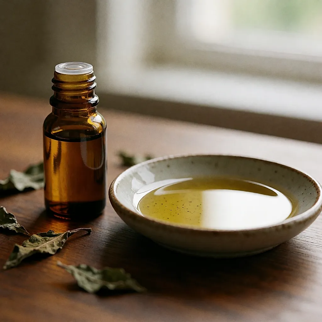 Un flacon d'huile essentielle de patchouli près d'une coupelle d'huile végétale dorée