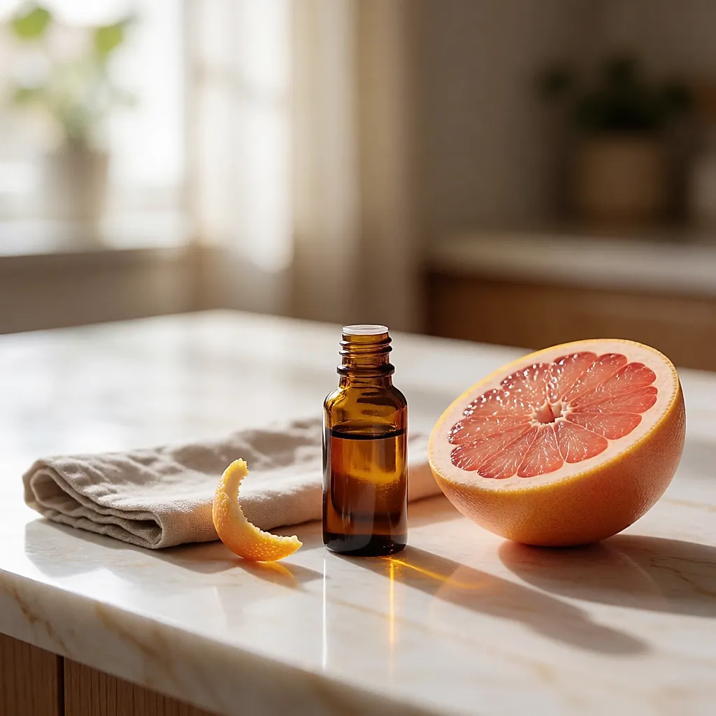 Un flacon d'huile essentielle de pamplemousse posé près d'un demi-agrume