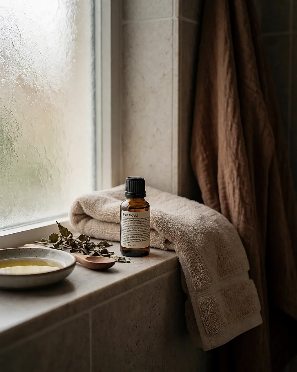 Um frasco de óleo essencial de patchouli junto a uma taça de óleo vegetal dourado