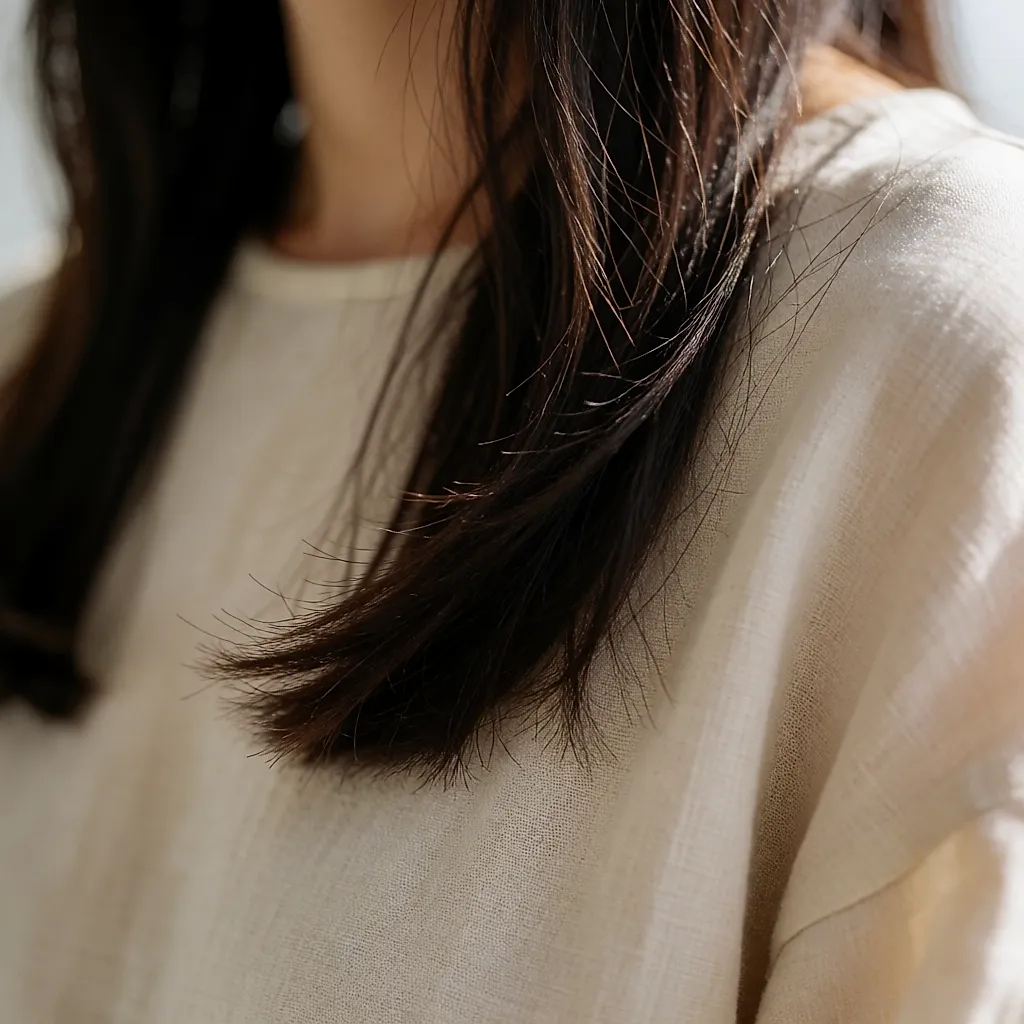 Pointes fourchues d’une longue chevelure brune posées sur un tissu beige clair