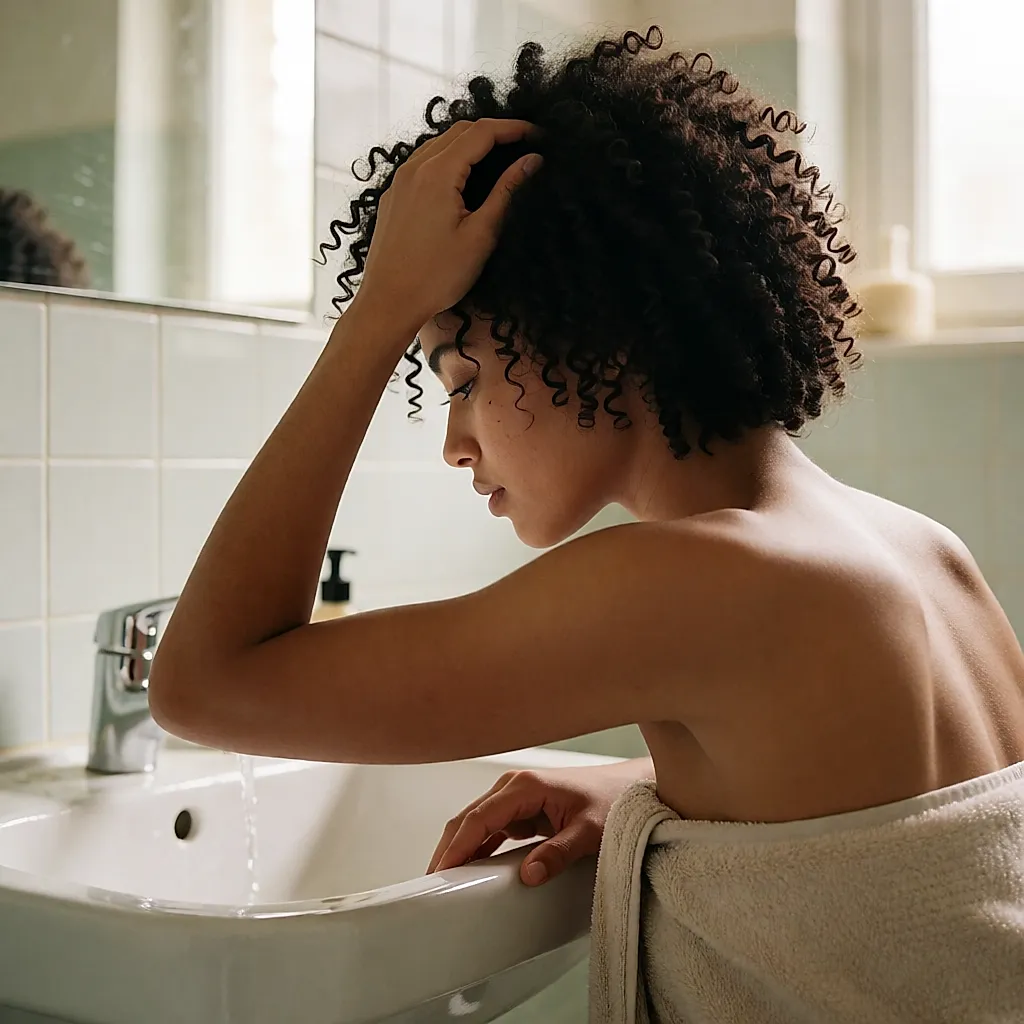 Cuir chevelu massé à deux mains au-dessus d’un lavabo, cheveux crépus mouillés