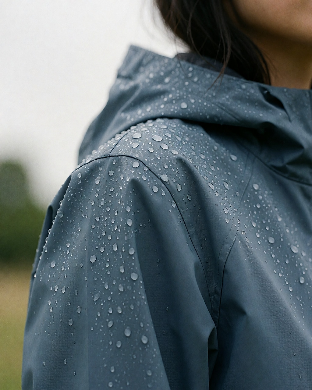 Gouttes d'eau perlant sur l'épaule d'une veste technique en polyester recyclé, gros plan sur la matière déperlante