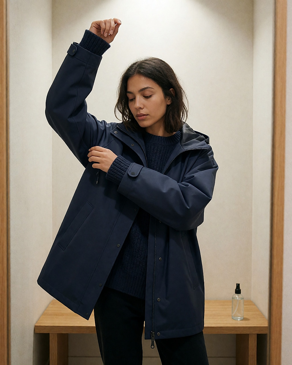 Jeune femme métissée en imperméable dans une cabine d'essayage, bras levé pour tester l'aisance de la veste
