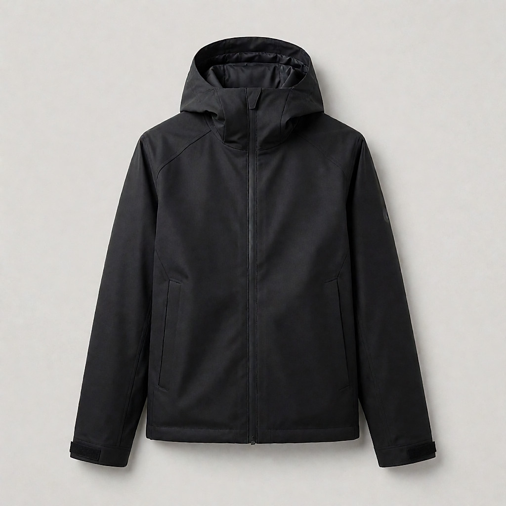 Une veste imperméable noire, coupe homme.