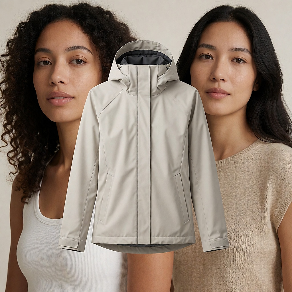 Une veste imperméable pour femme, à capuche.
