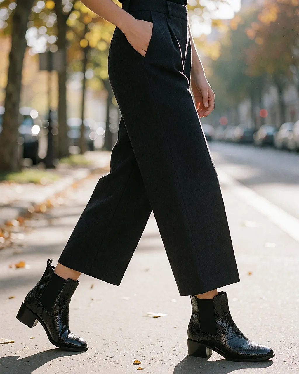 Low python-print ankle boots worn with wide-leg trousers in town