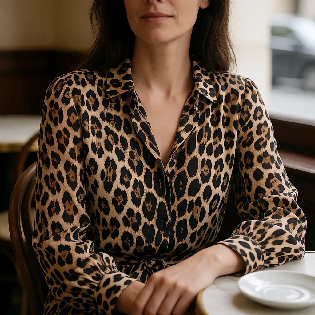 Silk leopard blouse worn with gold jewellery in a café