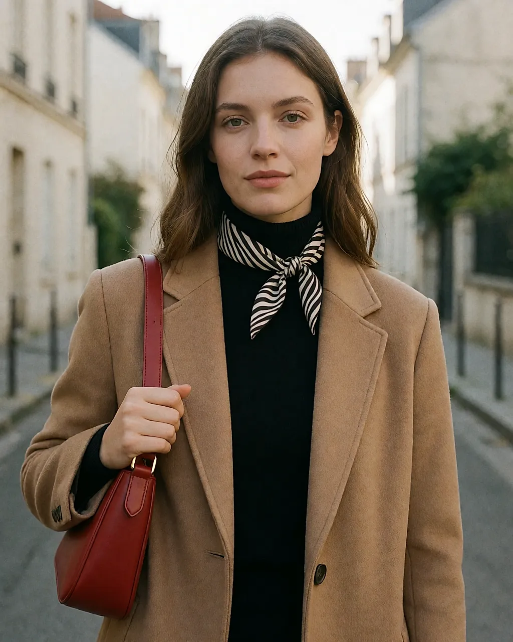 Zebra-print scarf and red bag worn over a camel coat