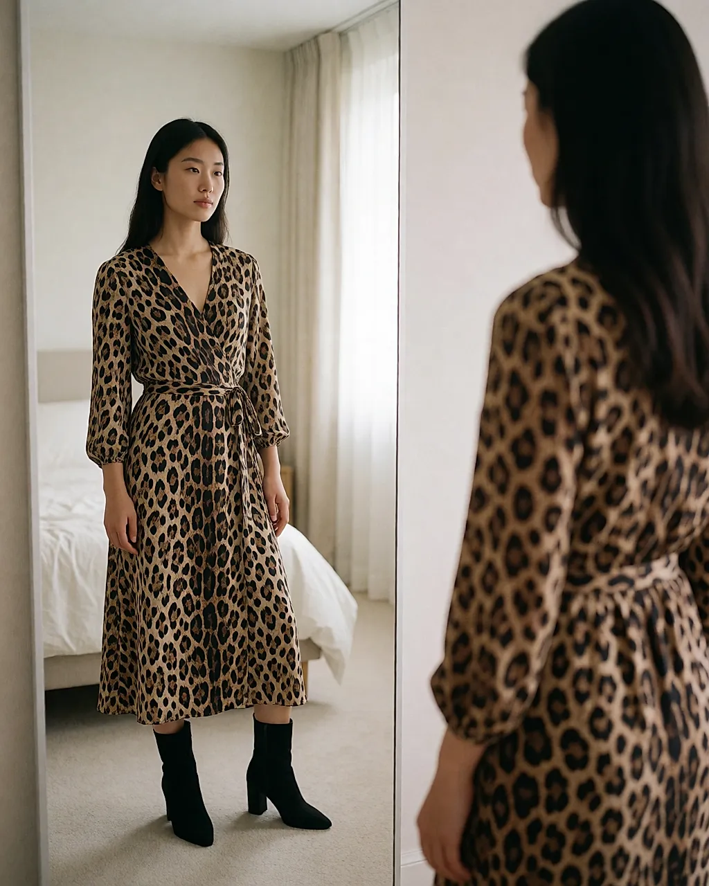 A woman stepping back from the mirror to check her leopard outfit