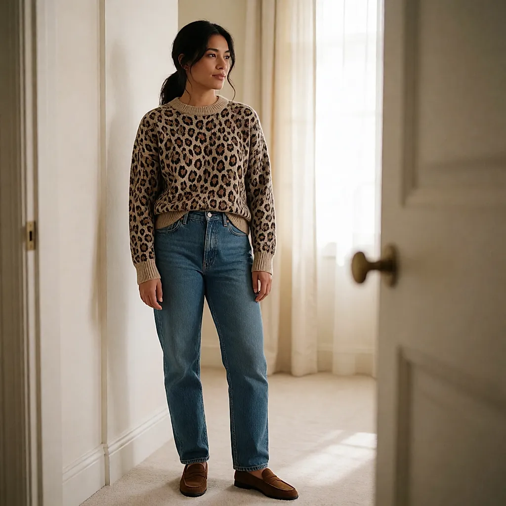 Small-print leopard jumper worn with raw denim and loafers