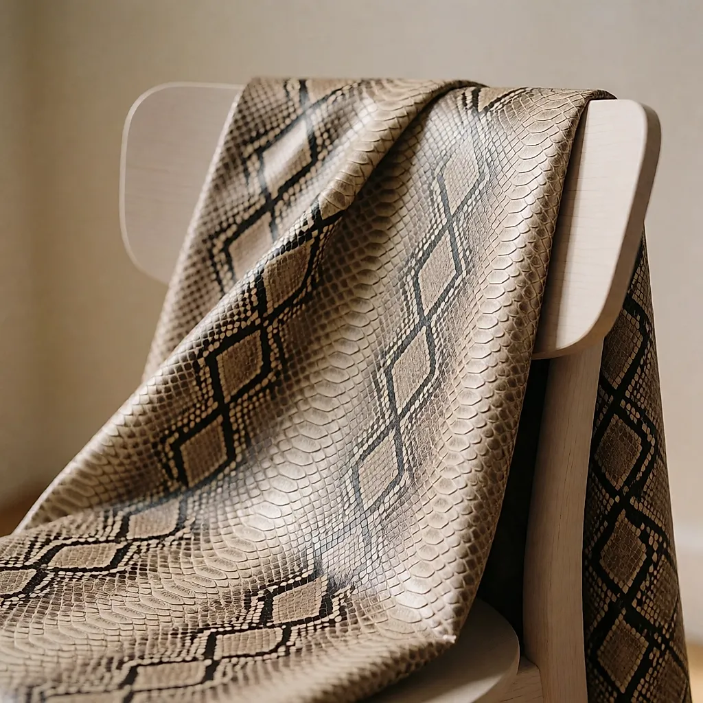Close-up of the fabric of a faux-leather python print draped over a chair