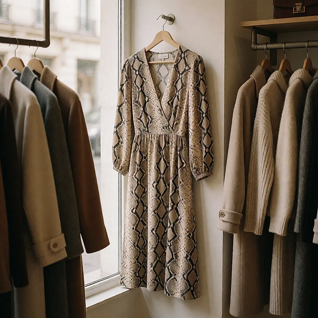 Python-print dress hanging in a second-hand shop