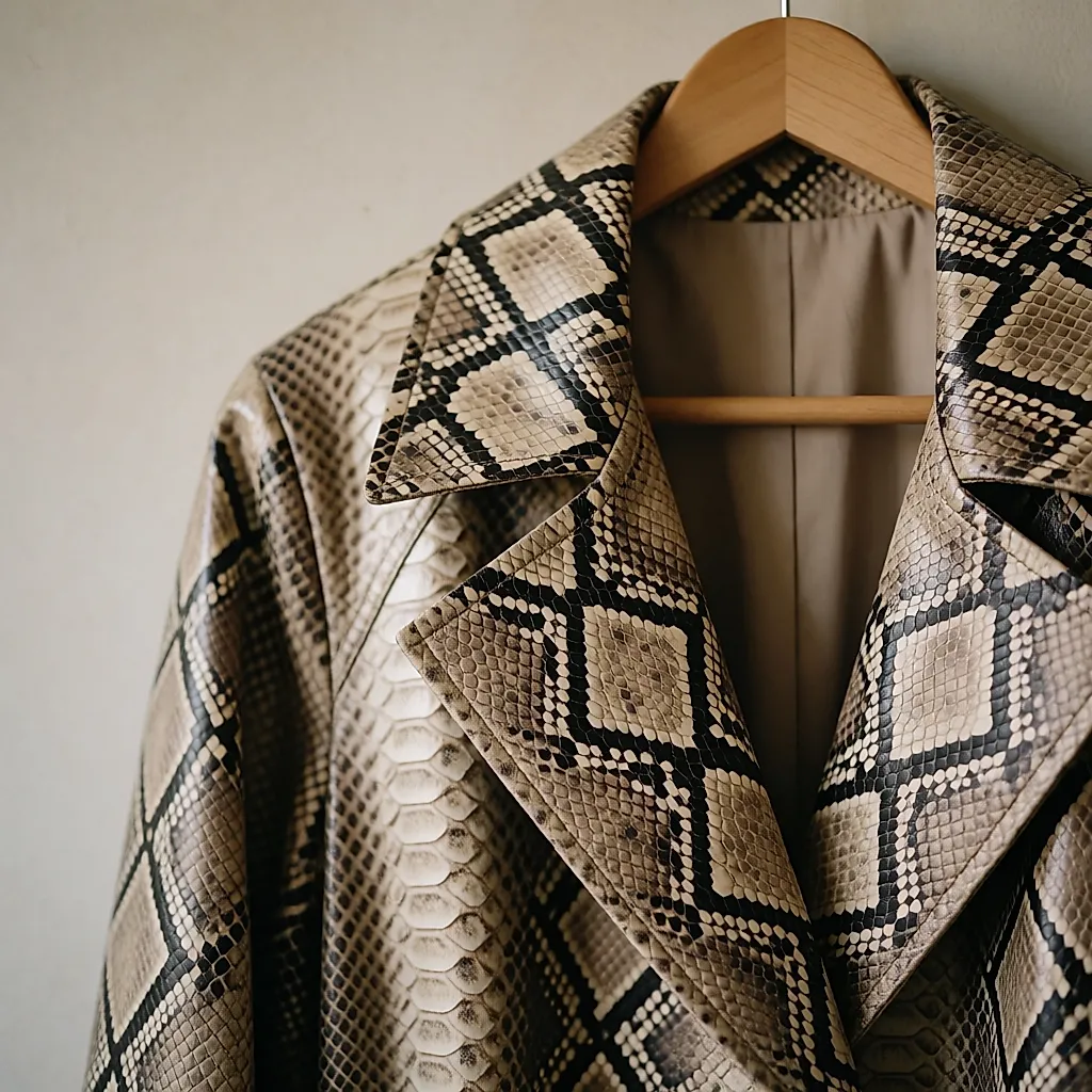 Close-up of the lapel and cuff of a faux-leather python-print trench