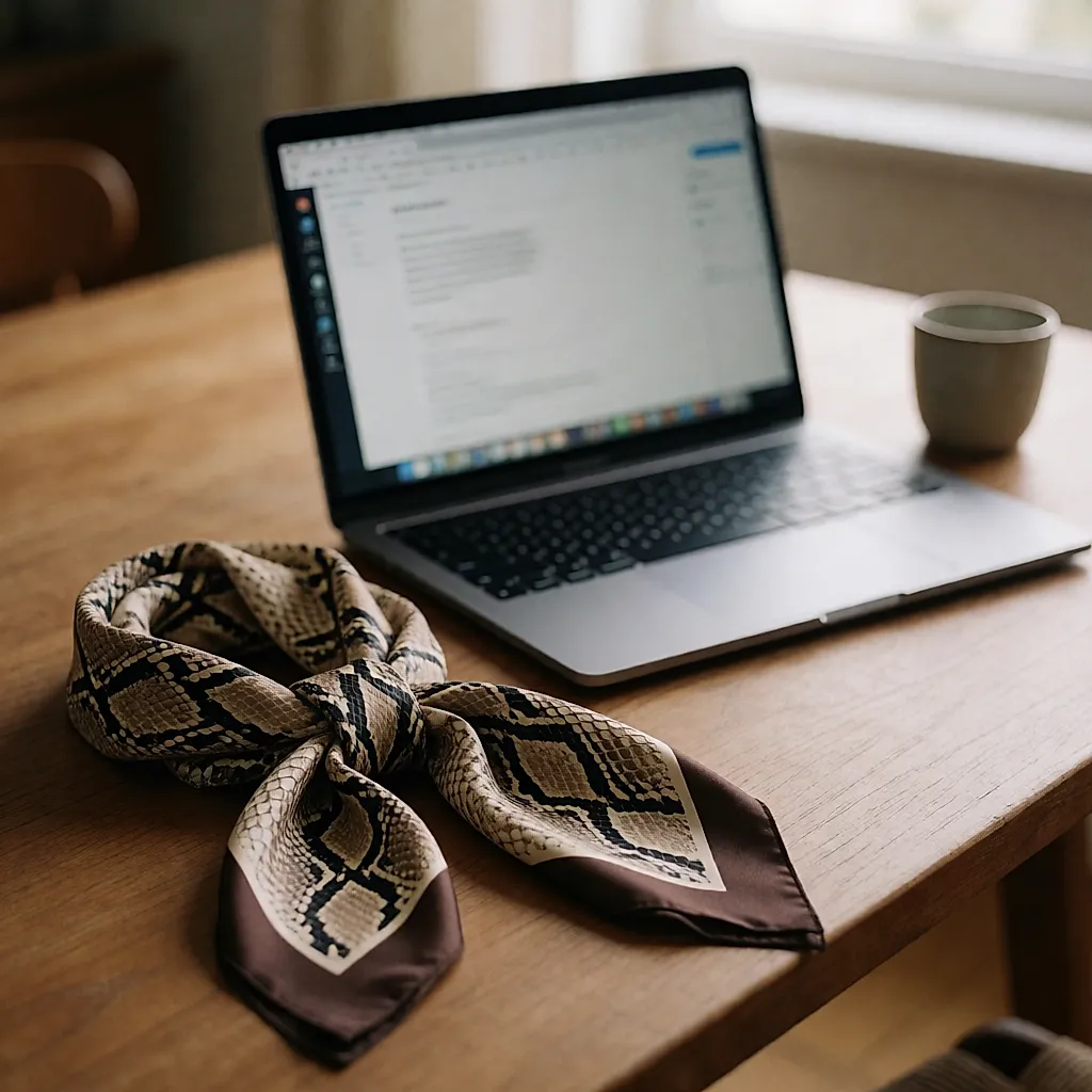 Laptop and python-print scarf for browsing online