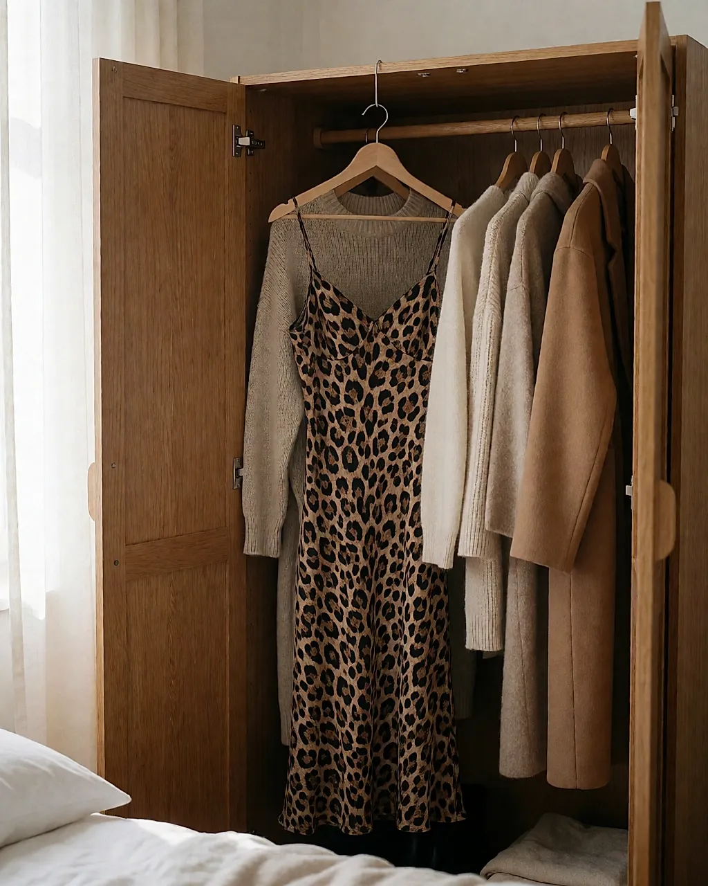 Leopard-print dress hanging in a wardrobe among neutral pieces