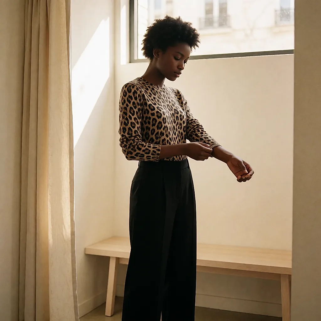 Fine-knit leopard top and black wide-leg trousers, tried on in a fitting room