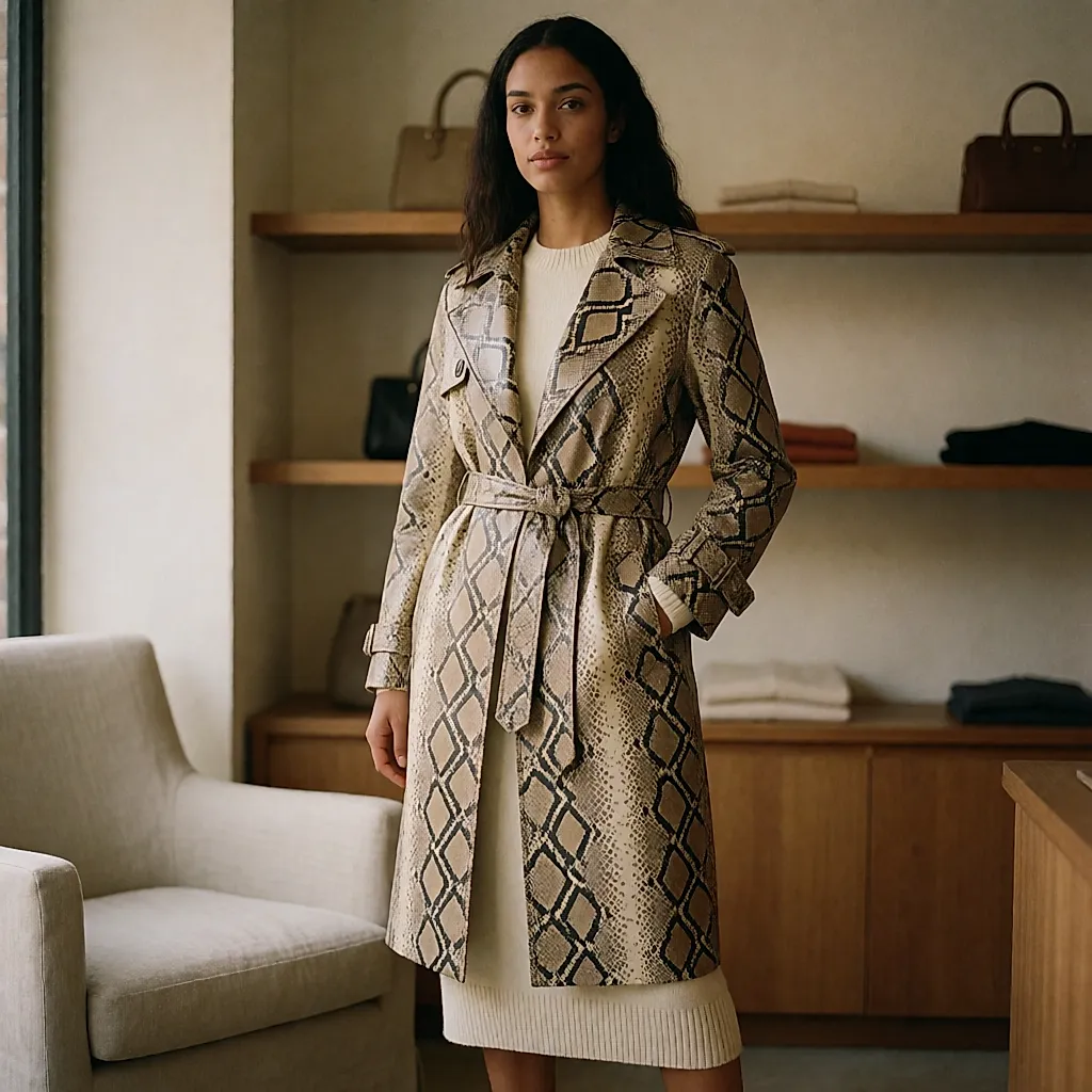 Belted faux-leather python-print trench worn in a shop
