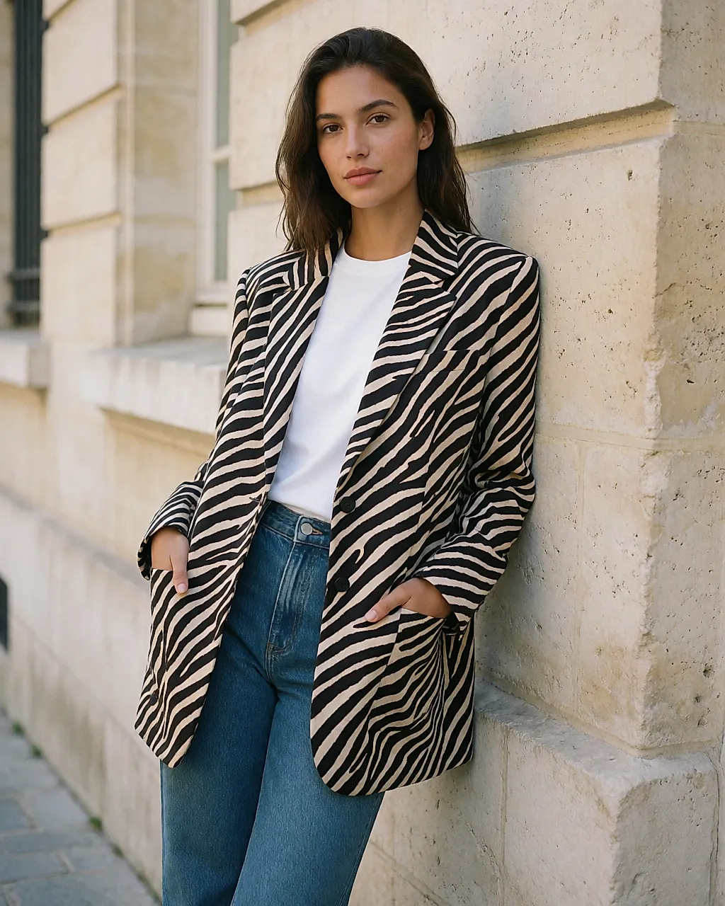Zebra-print blazer worn over a white T-shirt and straight jeans