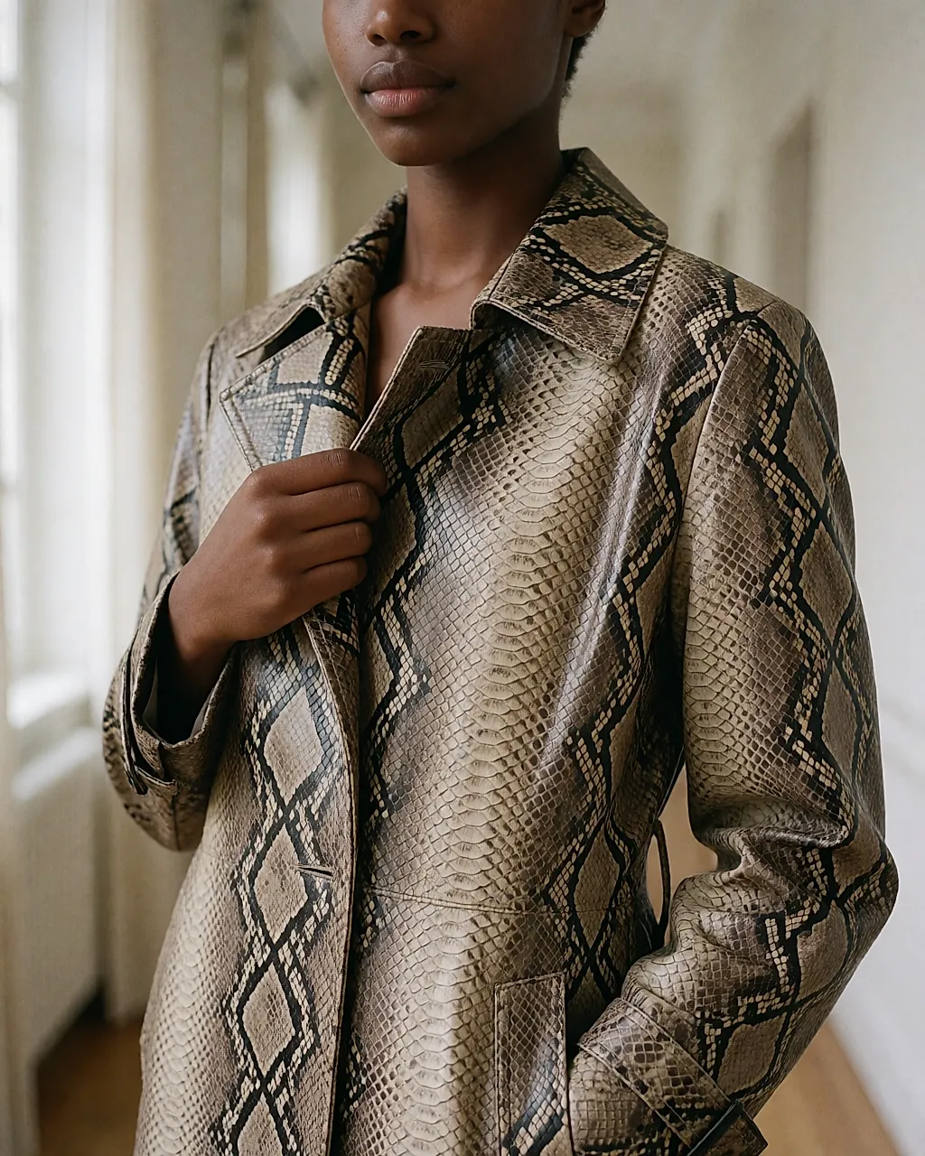Close-up of a faux-leather python-print trench, a hand lifting the lapel