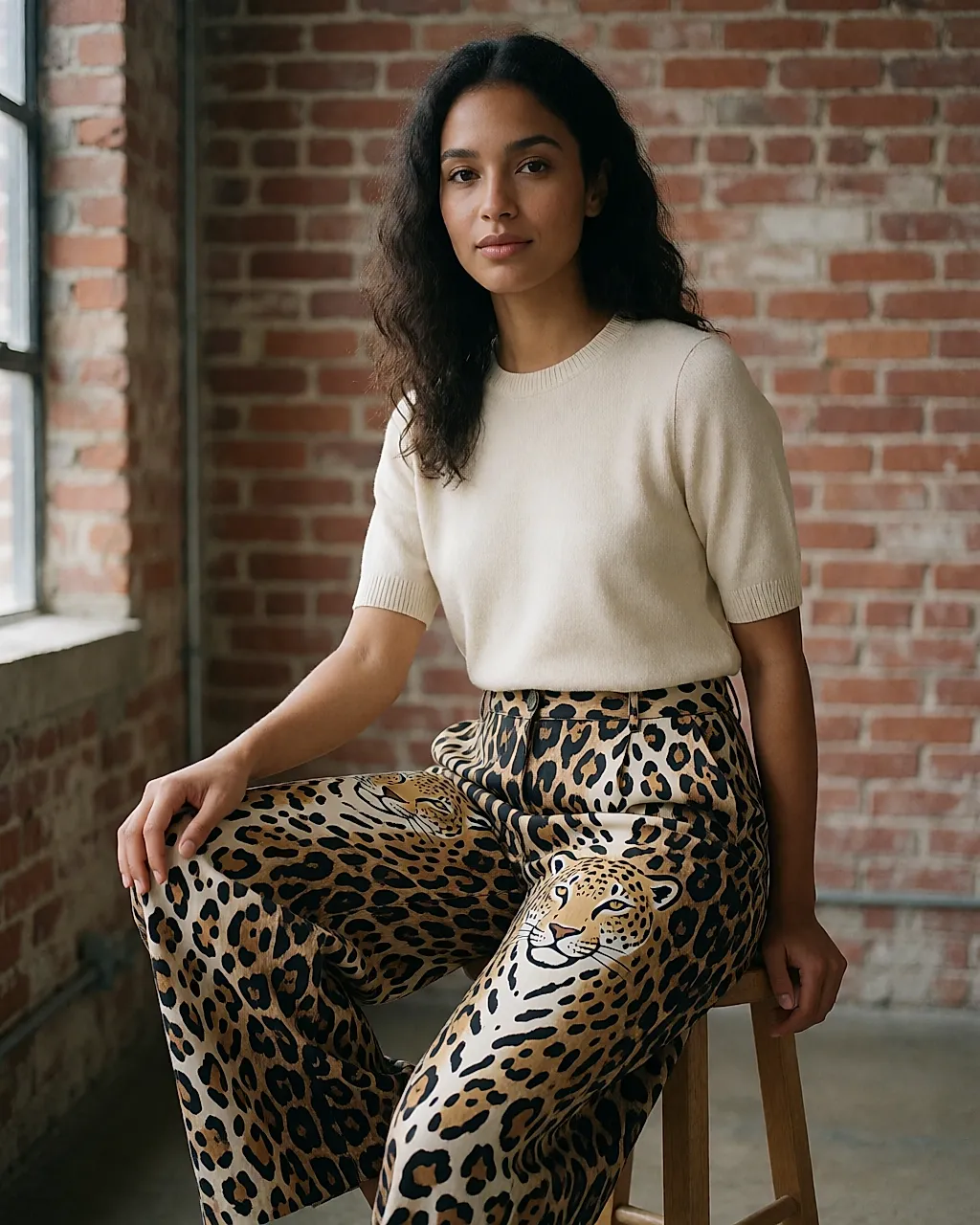 Wide-leg trousers in a large panther print worn with a plain cream top