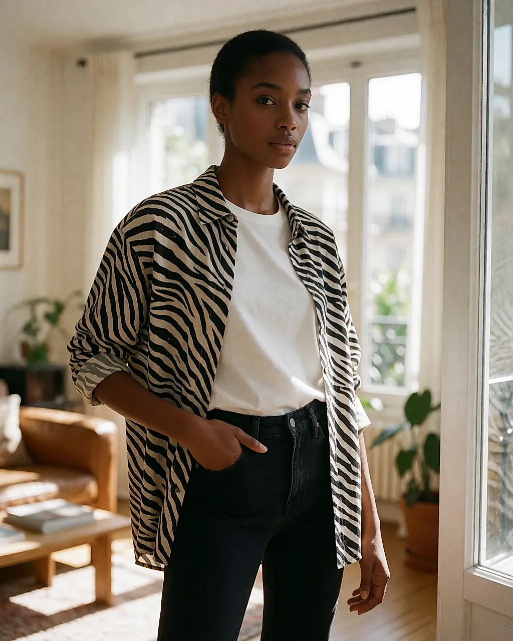 Zebra-print shirt worn open over a white T-shirt, daytime layering