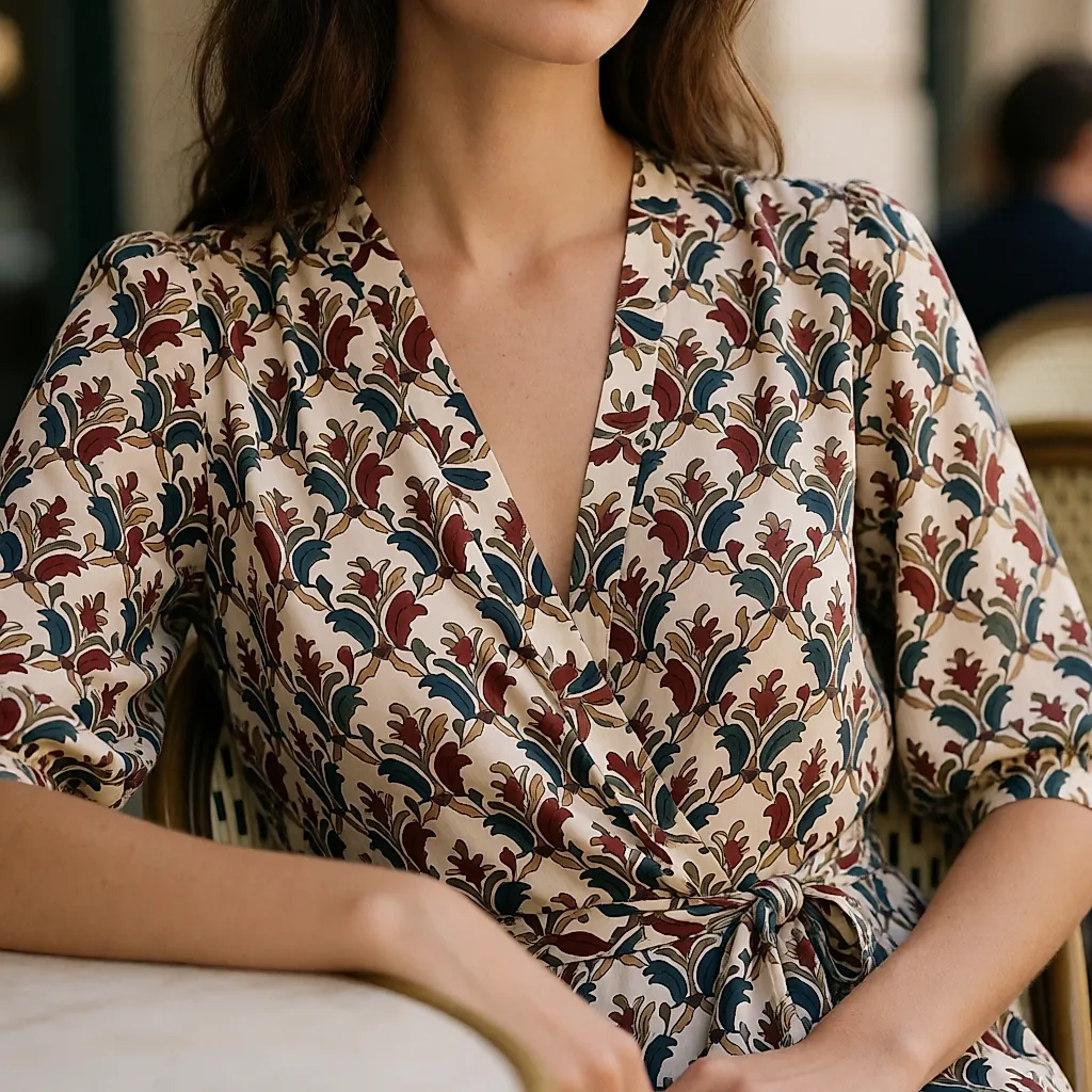Um vestido de motivo médio visto de perto, à mesa numa esplanada