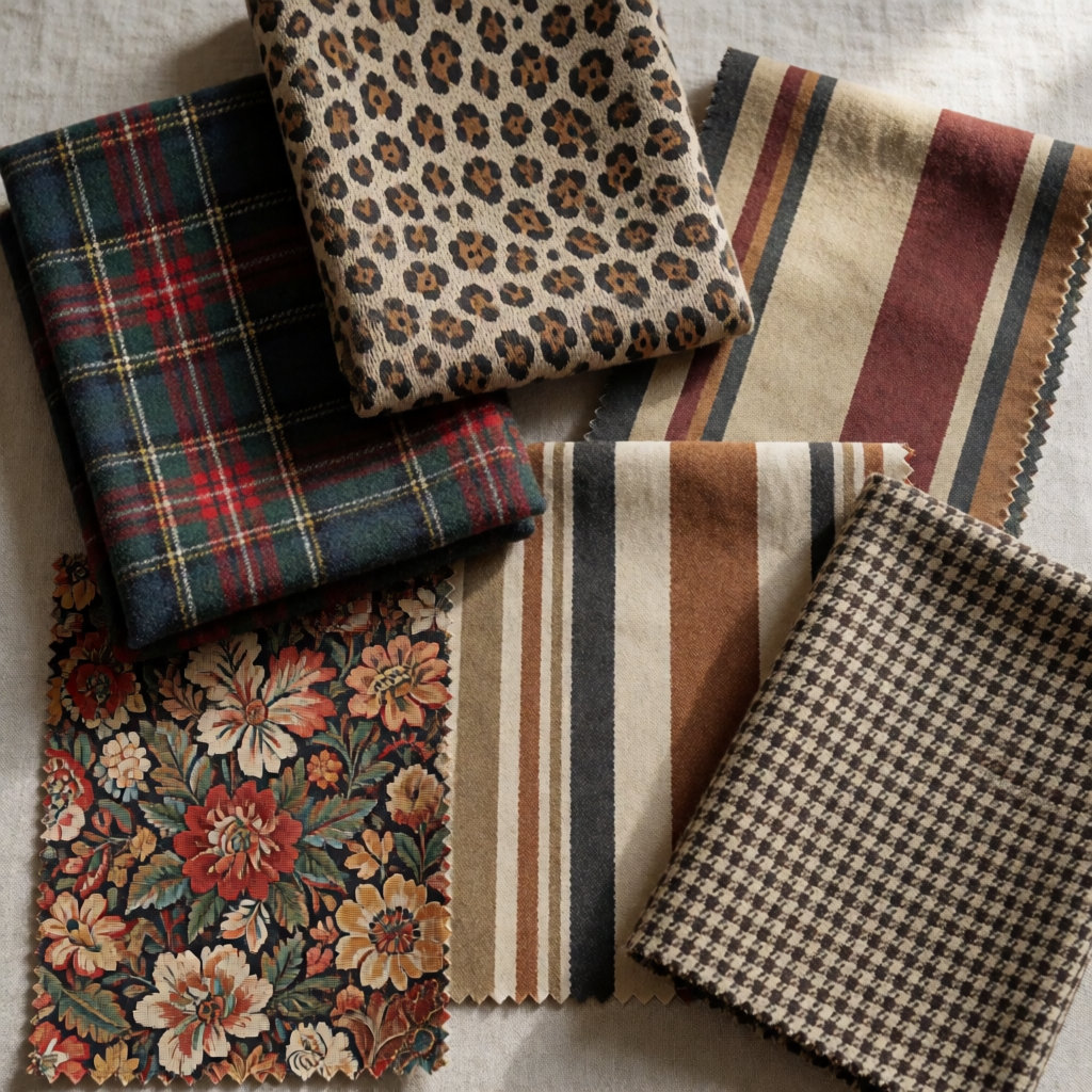 Nuancier de tissus imprimés d'automne : tartan, léopard beige, floral dense et rayures
