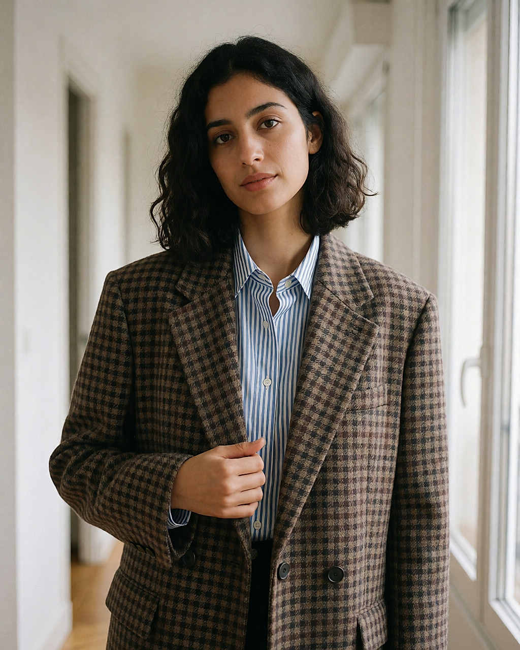 Jeune femme portant une chemise à fines rayures sous un blazer à grand carreau, deux échelles opposées