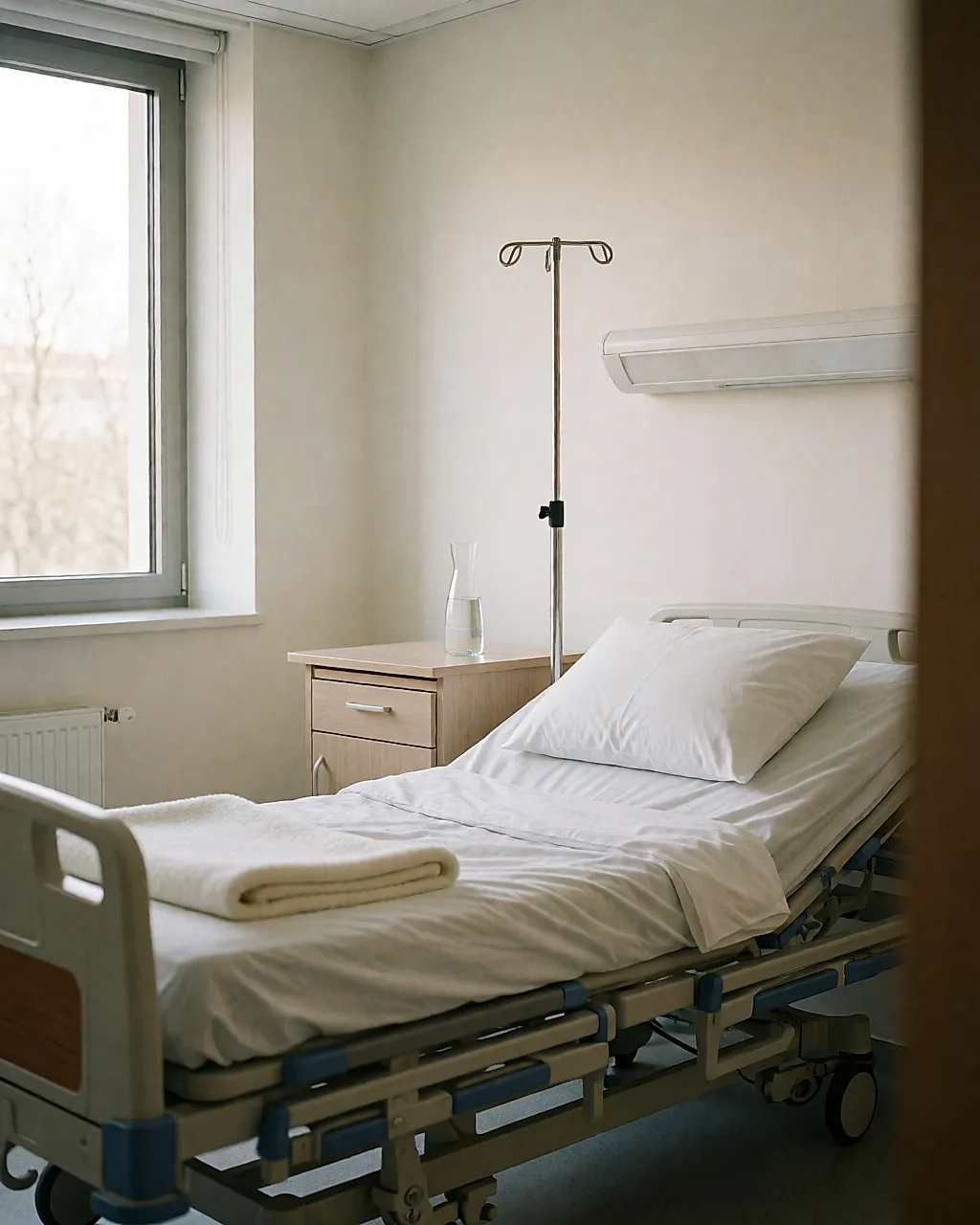Un service hospitalier calme, chambre préparée avec lit et potence à perfusion