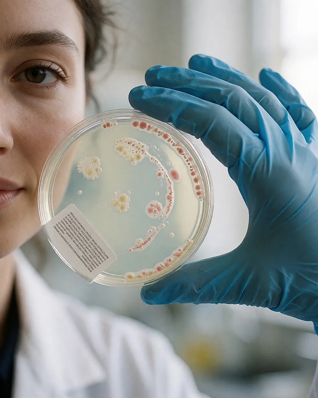 Boîte de Petri avec cultures bactériennes tenue devant une paillasse de laboratoire