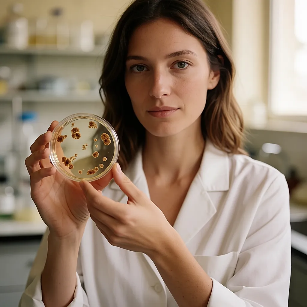 Caixa de Petri com culturas bacterianas segurada em frente a uma bancada de laboratório