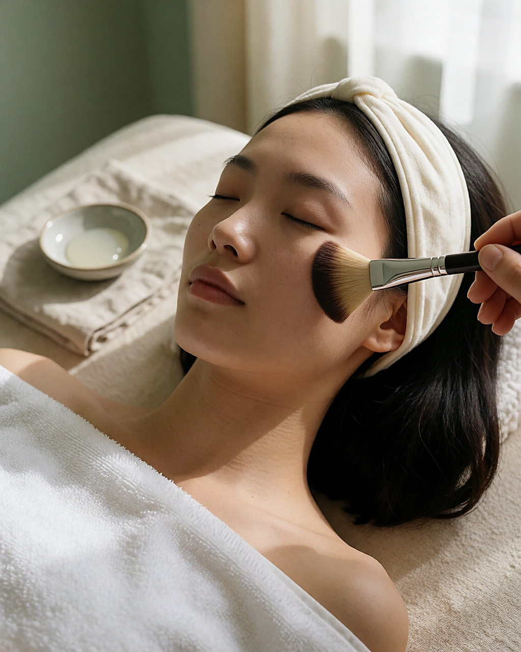 Pinceau appliquant un gel de peeling sur la joue d'une jeune femme détendue en cabine
