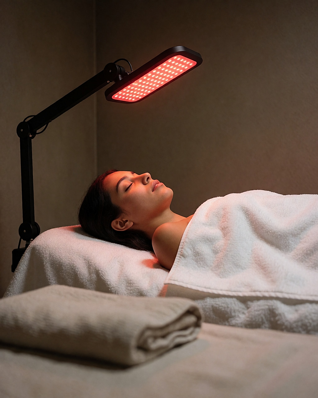 Jeune femme allongée sous un panneau LED rouge en cabine, lumière tamisée et chaude