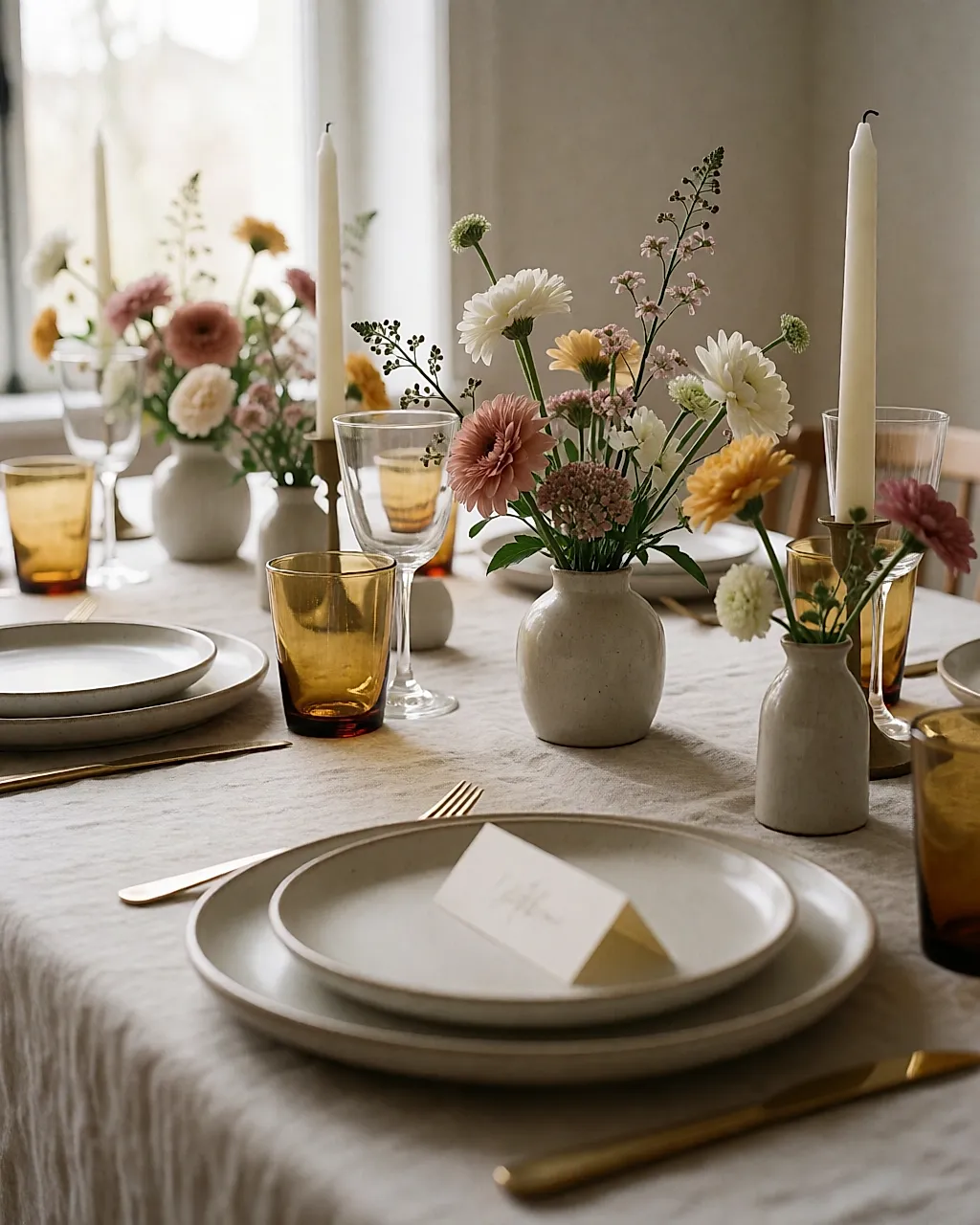 Detalle de una mesa de boda decorada con flores de temporada