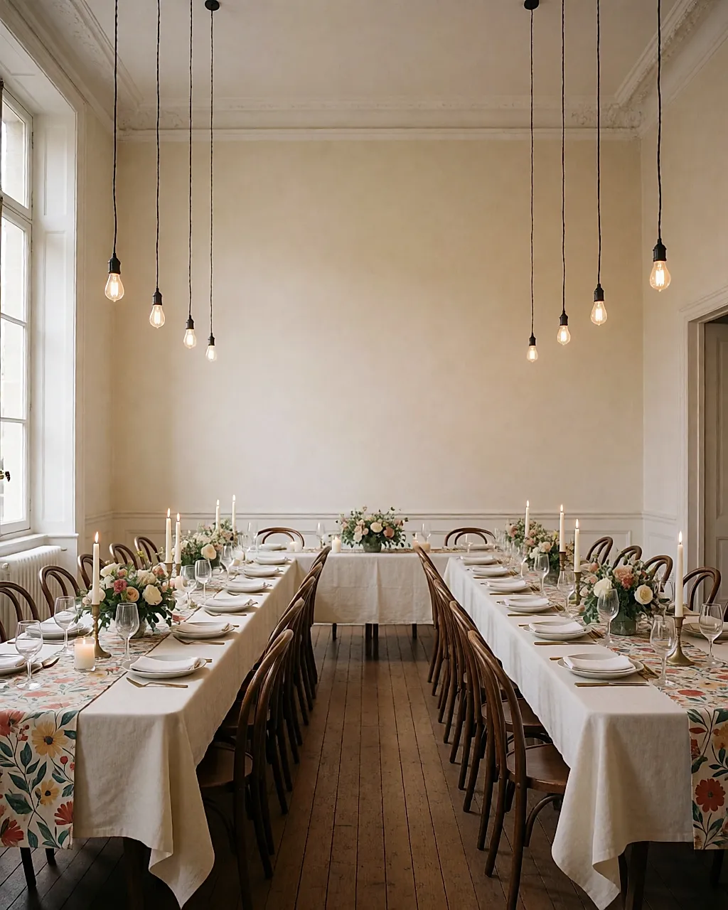Sala de celebración de boda decorada antes de la llegada de los invitados
