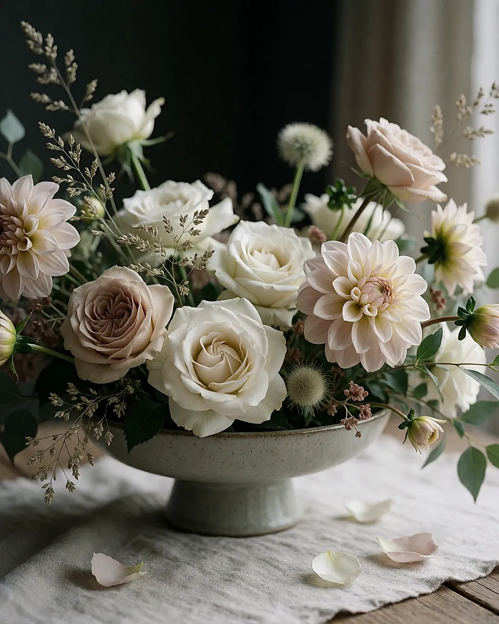Composición floral de boda en tonos naturales de temporada
