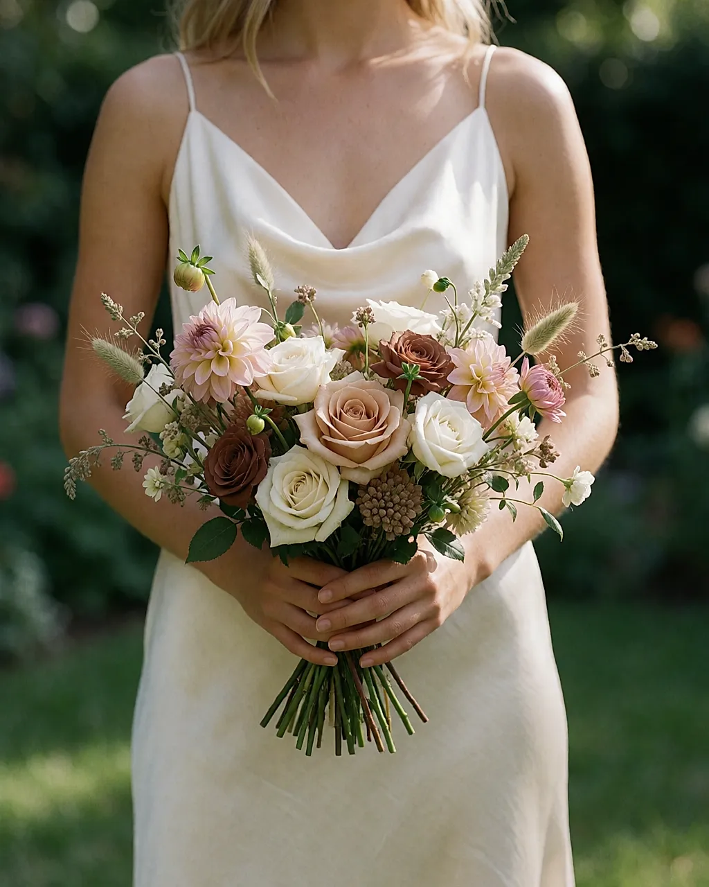 Novia sosteniendo su ramo de flores frescas delante de su vestido