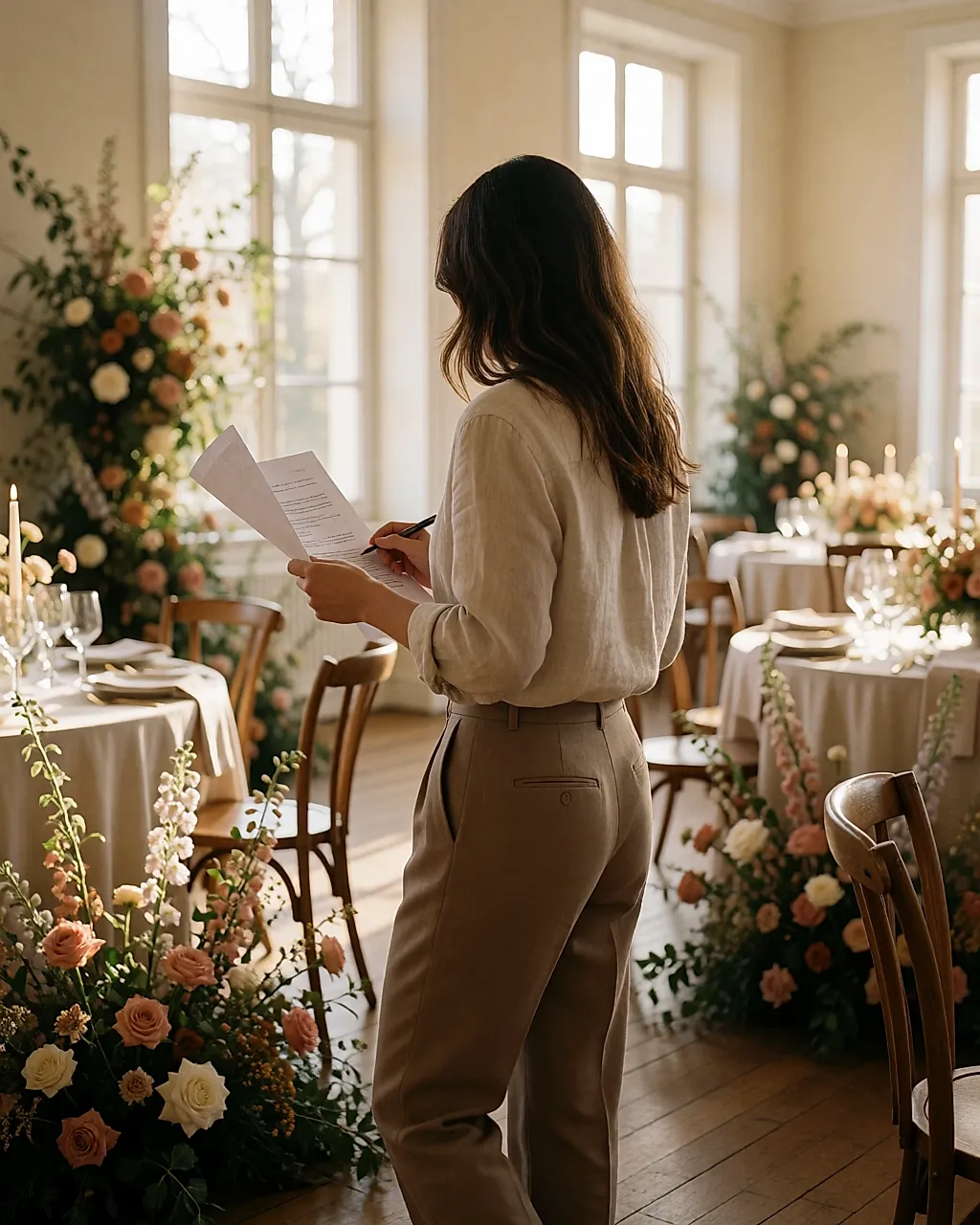 Wedding planner en el lugar revisando el desarrollo del día B