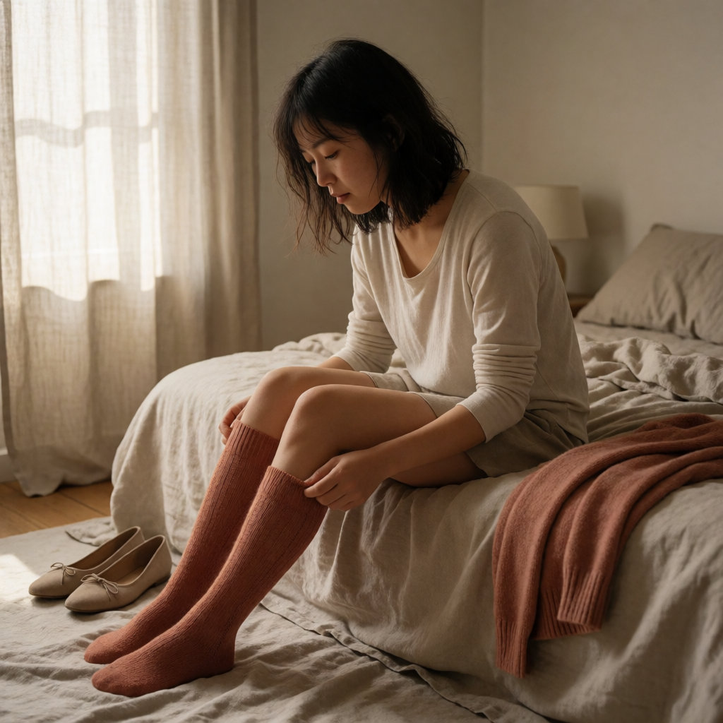 Young woman putting on a fine compression sock, sitting on the edge of her bed