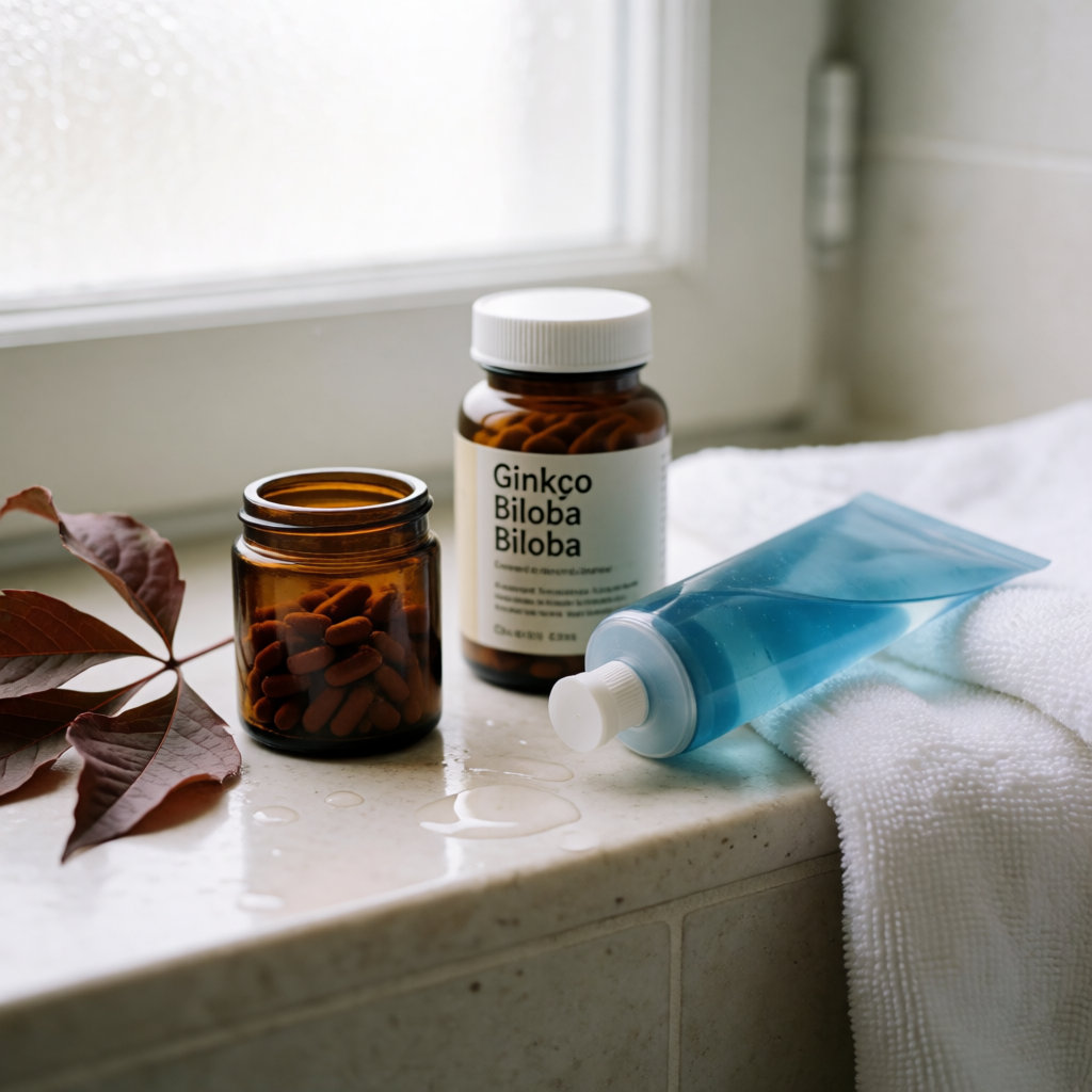 Still life in a bathroom: red vine and ginkgo capsules, cooling gel